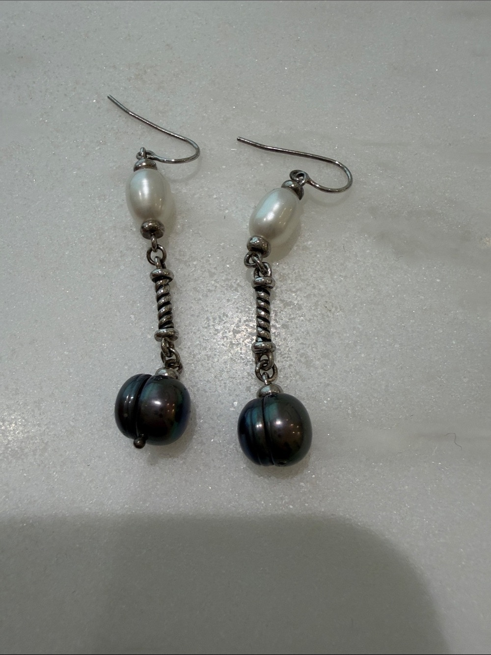 Pearl and Black Pearl Drop Earrings - Unbranded